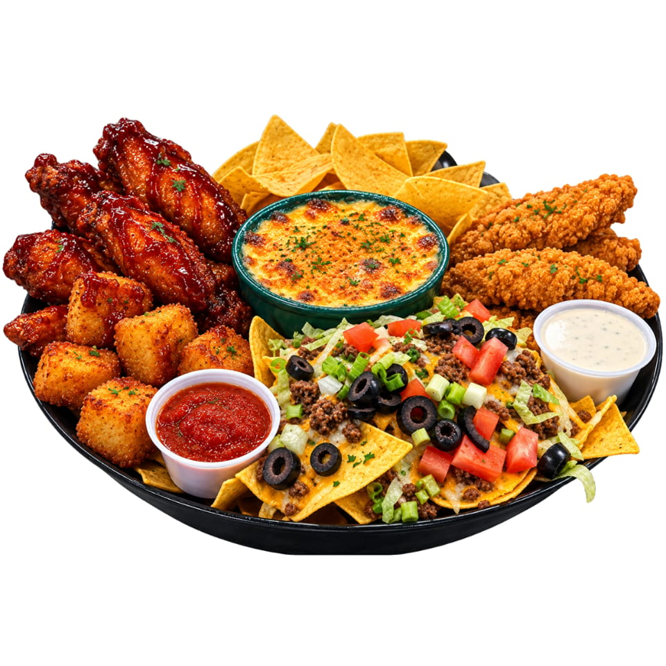 Loaded platter featuring saucy chicken wings, breaded tenders, loaded nachos, cheese dip, and dipping sauces.