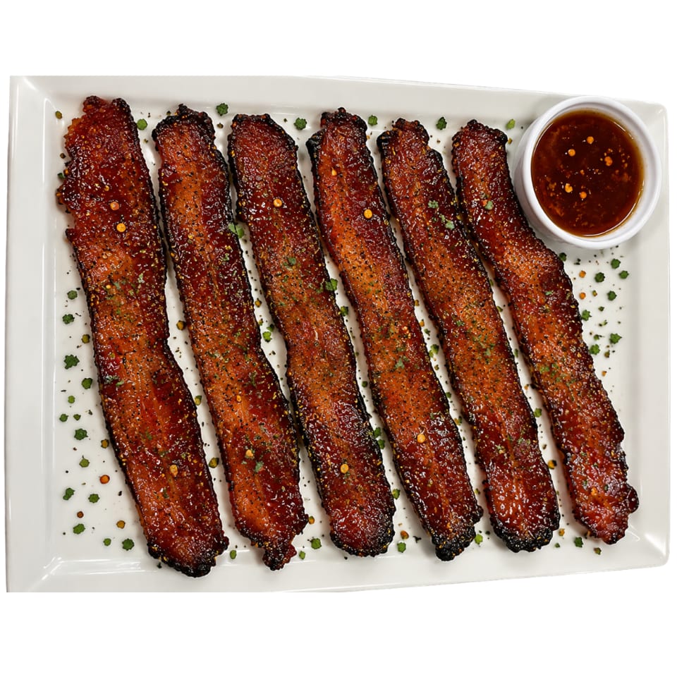 Six glazed, spicy grilled ribs garnished with herbs and chili flakes, served with dipping sauce on a white platter.