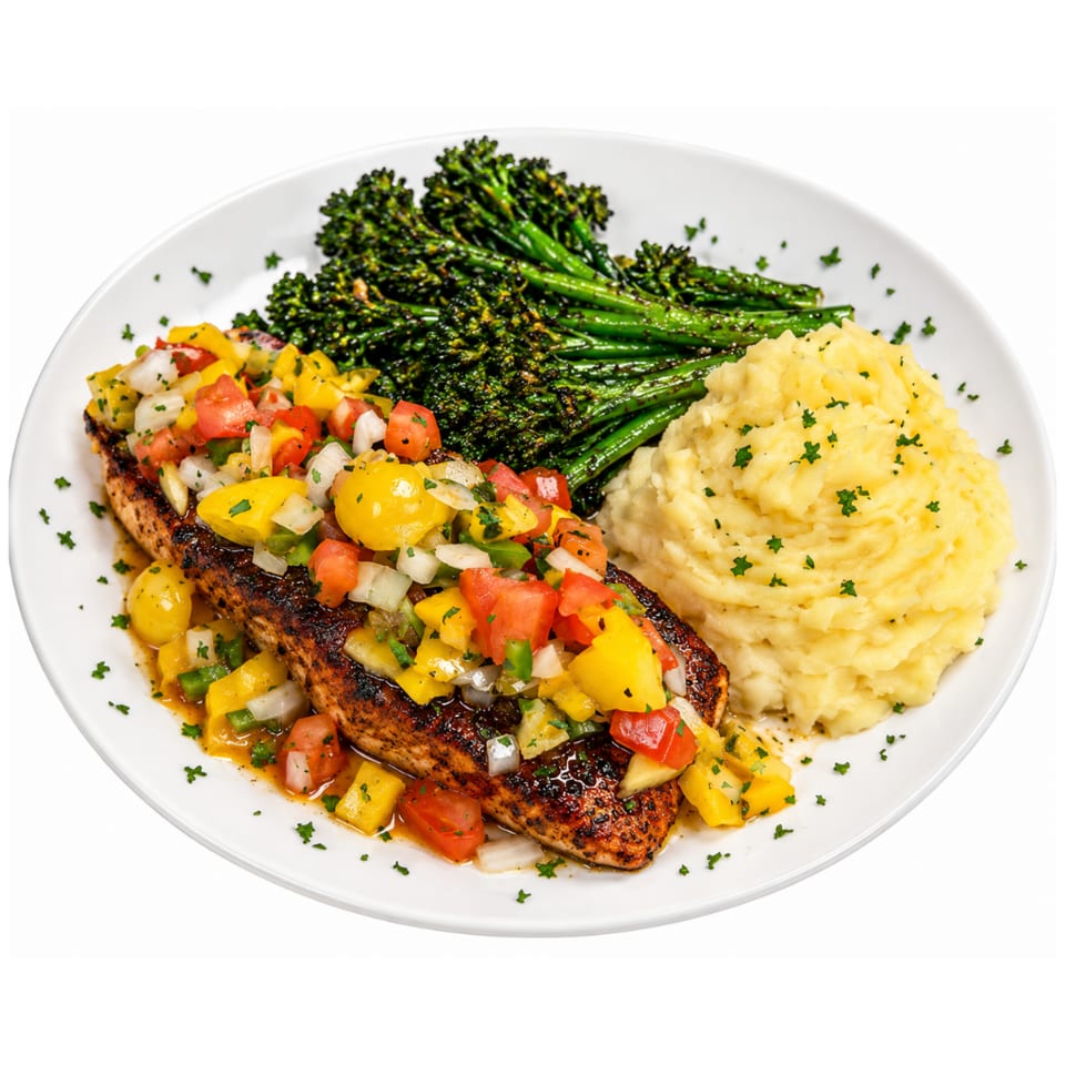 Grilled salmon topped with colorful tomato salsa, served with mashed potatoes and roasted broccolini on a white plate.