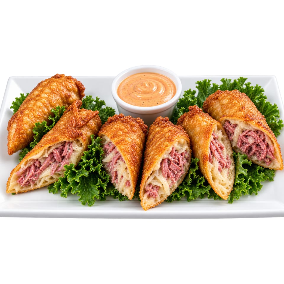 Crispy corned beef and cheese-filled pastries arranged on lettuce with a side of creamy dipping sauce.